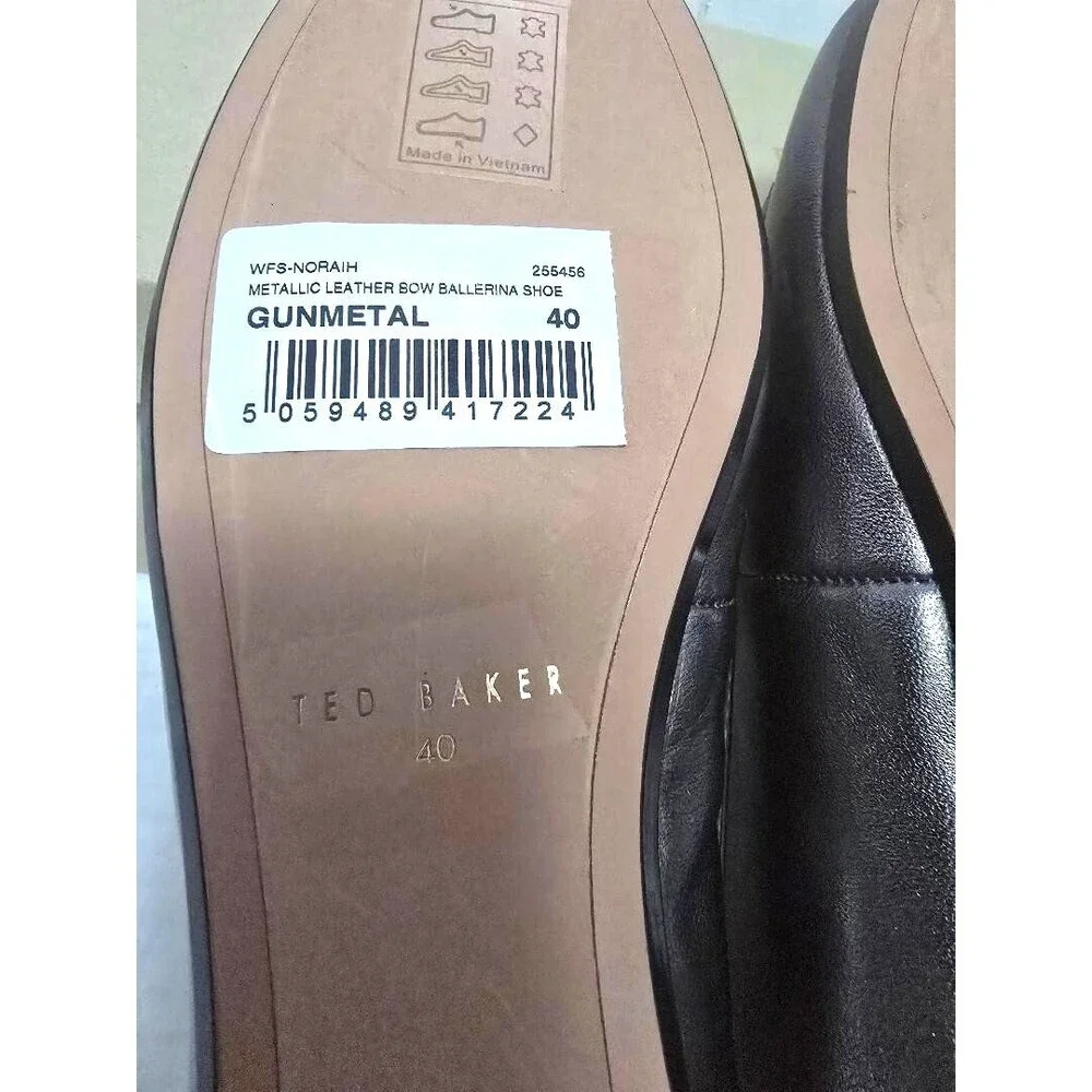 Ted Baker Gunmetal Leather Bow Ballerina Flat Shoe Women's Noraih 40 US 9.5